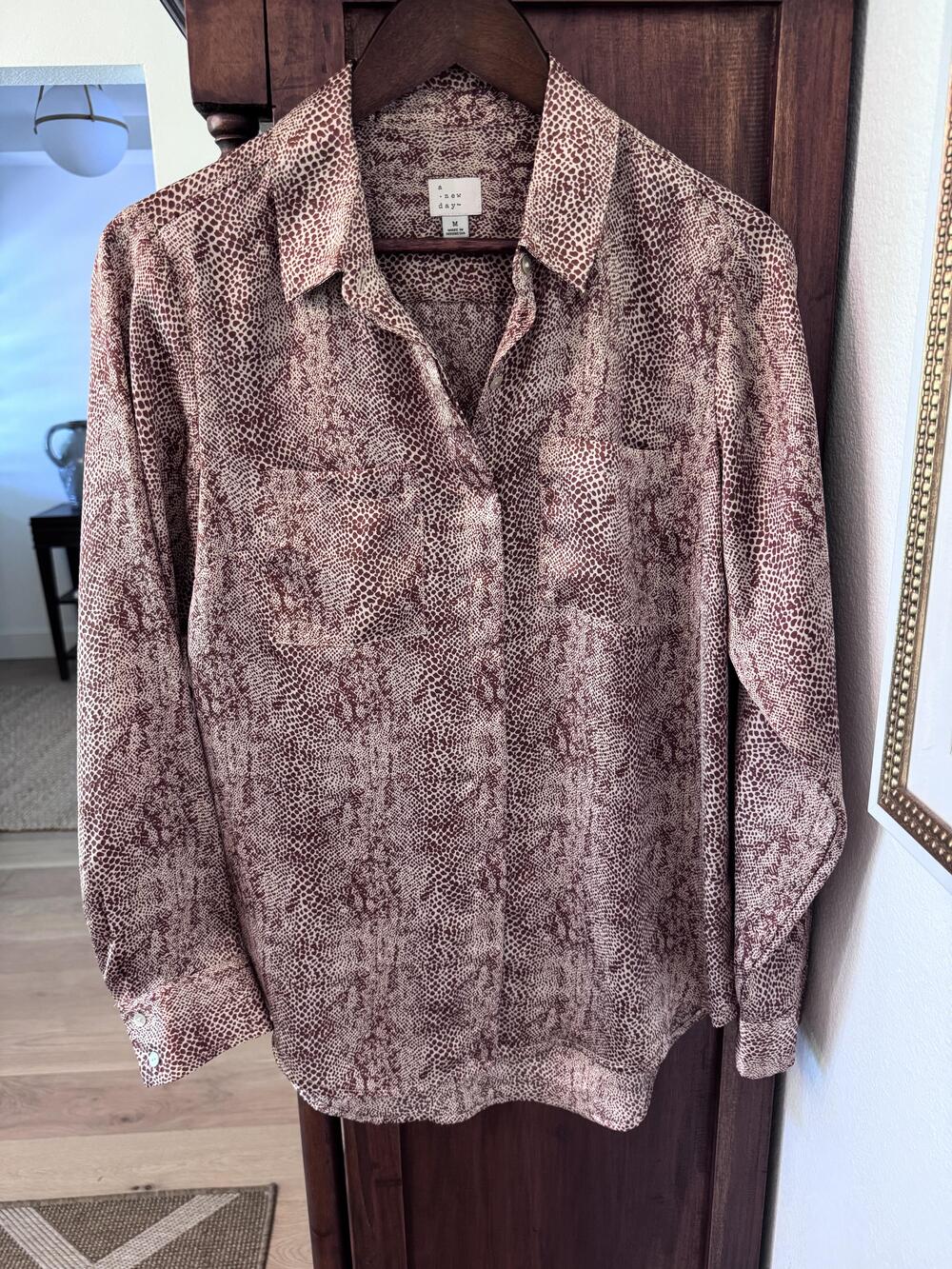 A New Day Shirt Womens Medium Brown Animal Print Button Up Long Sleeve Top